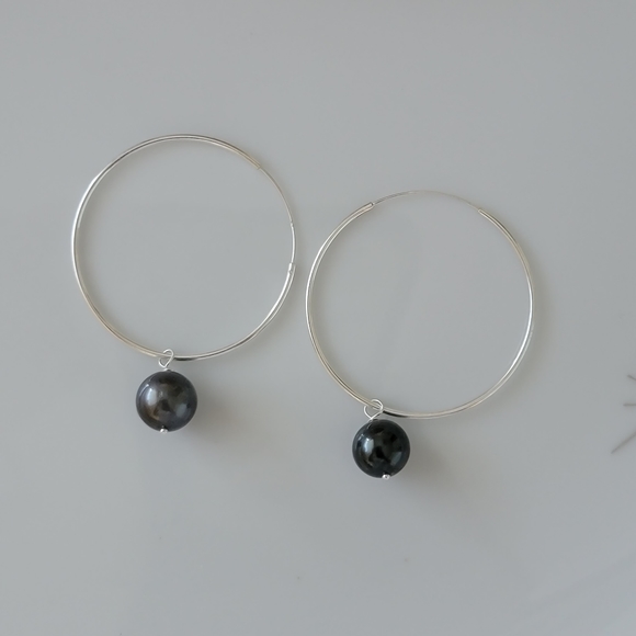 New Large Hoop Tahitian Pearl Earrings Sterling Silver - Picture 8 of 11